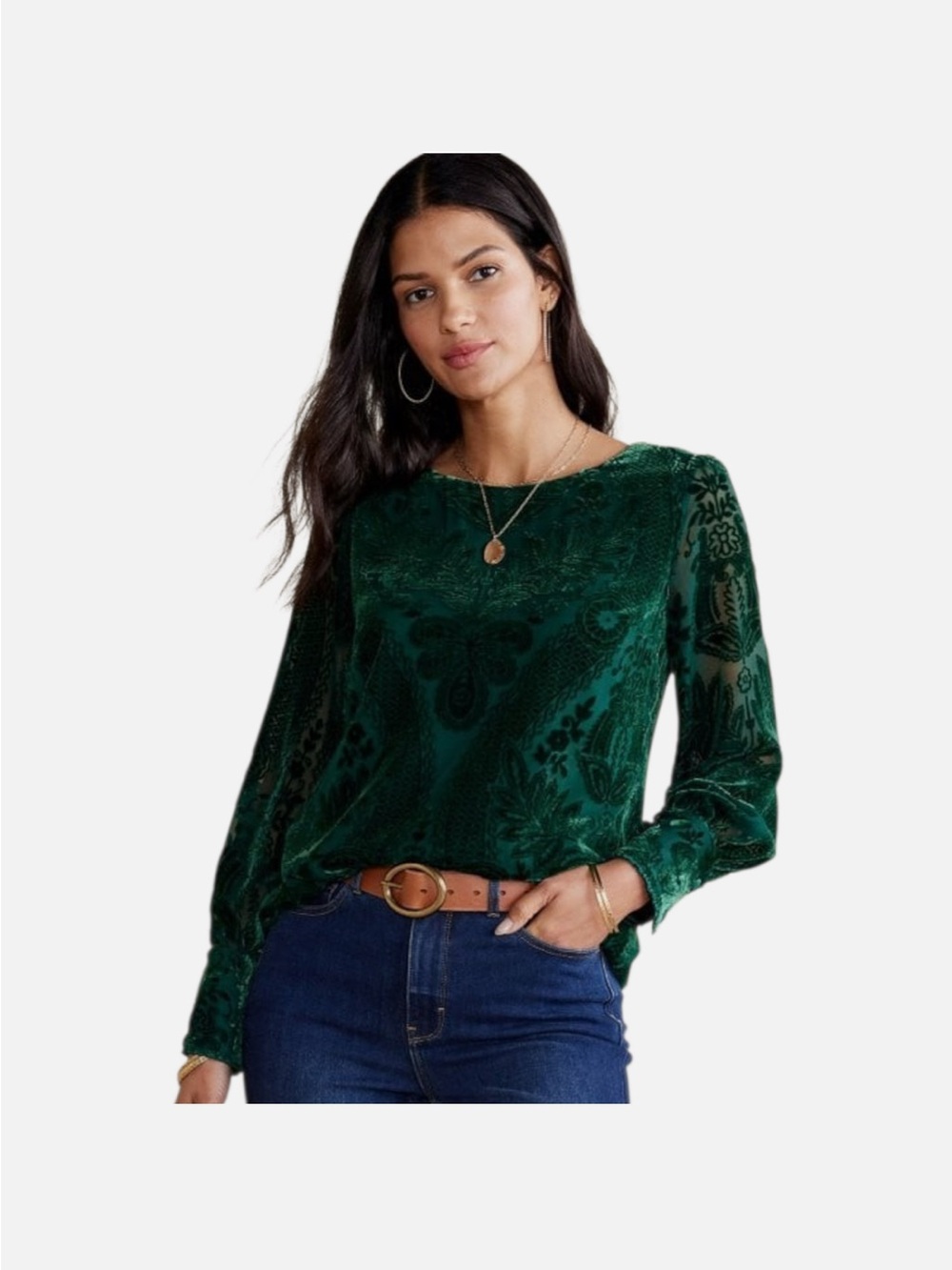 Soft Surroundings Vanetta Blouse M Jewel Green Burnout Velvet Long Sleeve Lined